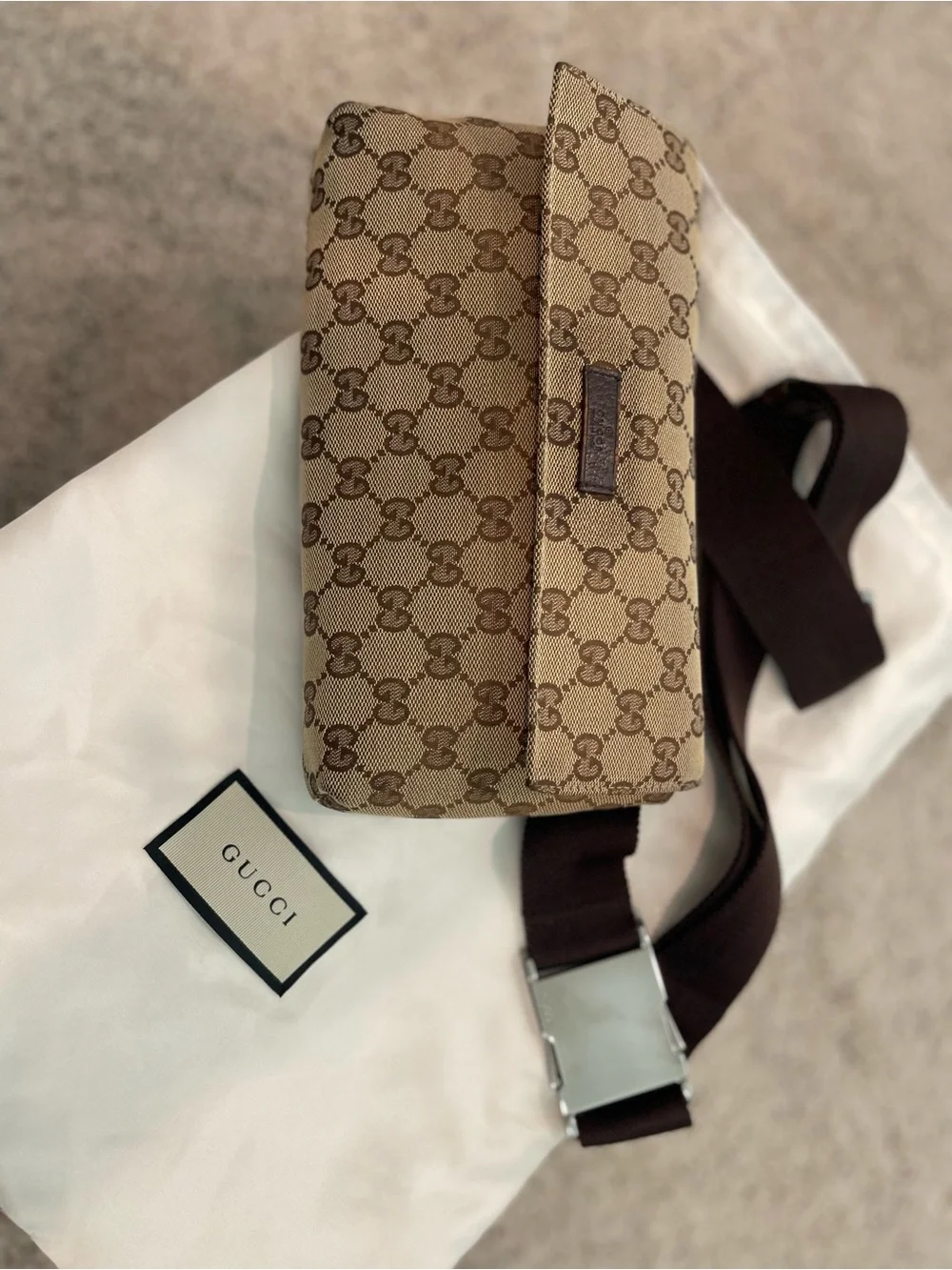 Gucci Beige GG Supreme Belt Bag with Dark Brown Strap/ wth dust bag
